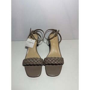 Liz Claiborne Women Taupe Braided Block Heel Ankle Strap Sandals Shoes 9.5W